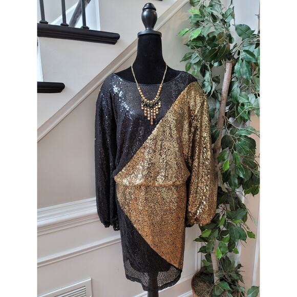 ELOQUII Bodycone Dress Women's Size 28 Black Gold 100% Polyester Long Sleeves - Picture 2 of 16